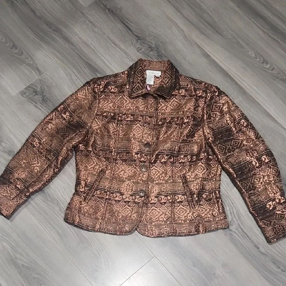 Metallic Bronze Coldwater Creek Broqued Semi Fitted Cropped Blazer